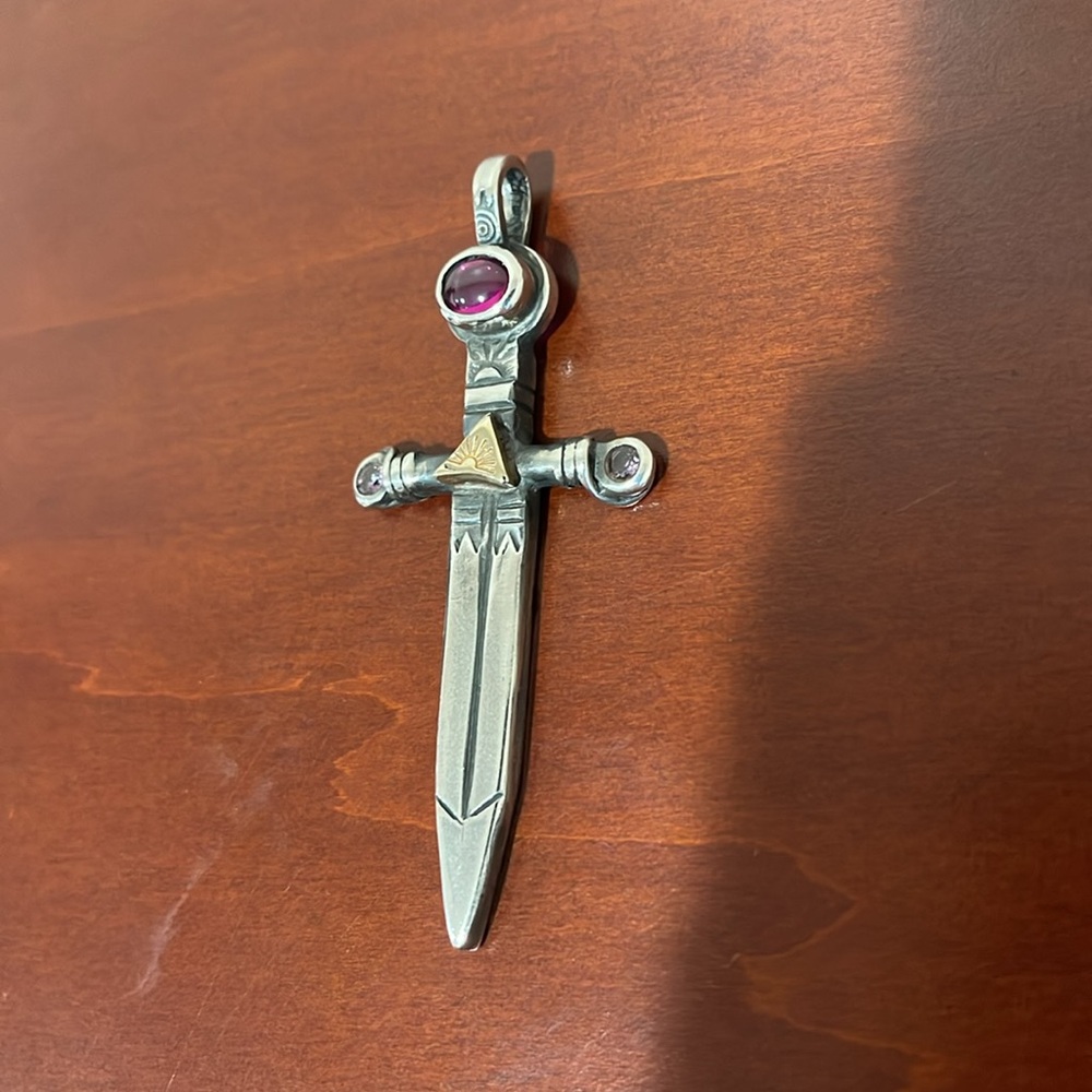 Sterling & 14k Gold Sword “Dragon Slayer” Pendant Pink Stones by Sun Lyon Studio